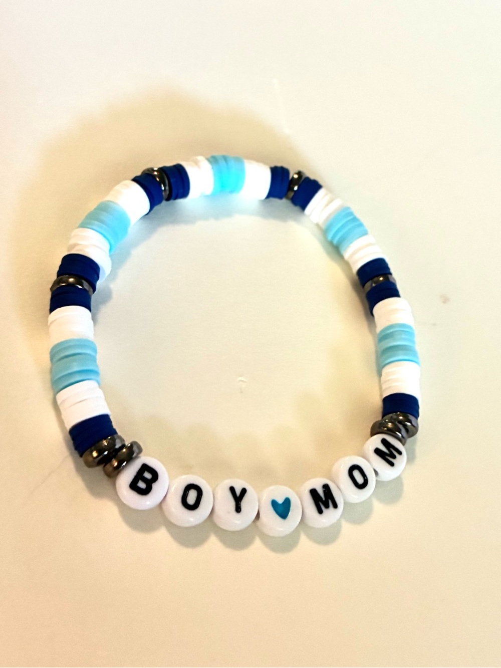 BOY MOM Blue & White Beaded Stretch Bracelet